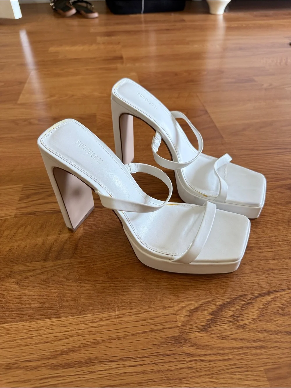 Forever 21 White Double Strap Square-Toe Platform Mule Heels